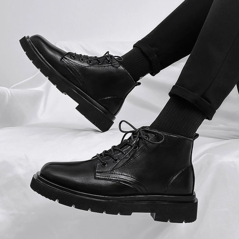 Botas masculinas de couro pret - Men'S Shoes Increase Height avaliação e preço