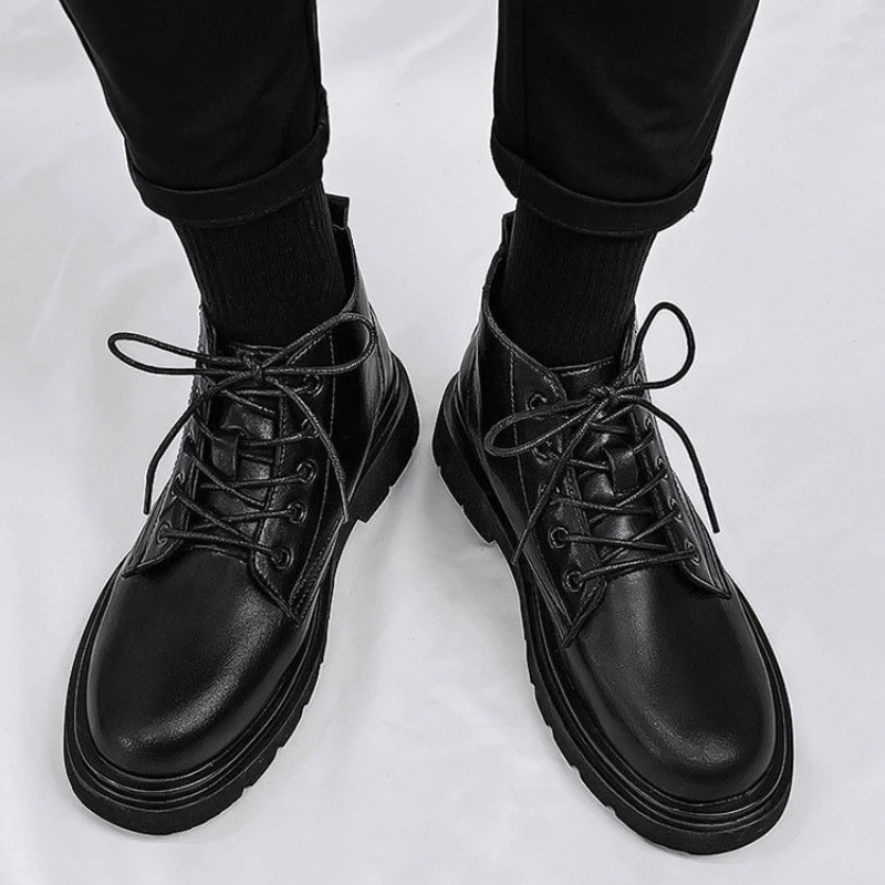 Botas masculinas de couro pret - Men'S Shoes Increase Height avaliação e preço
